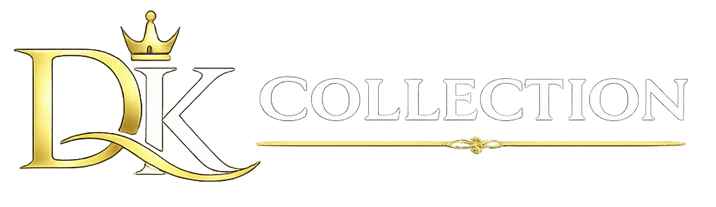 A decorative logo reading 'DK COLLECTION' on a plain white background, with a large stylized gold and white DK monogram and gold crown above the letters.