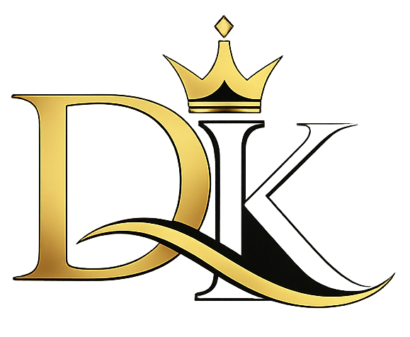 A stylized gold and black monogram logo featuring the letters D and K, with a gold crown above the K and a flowing gold ribbon across the lower section, shown on a plain white background.